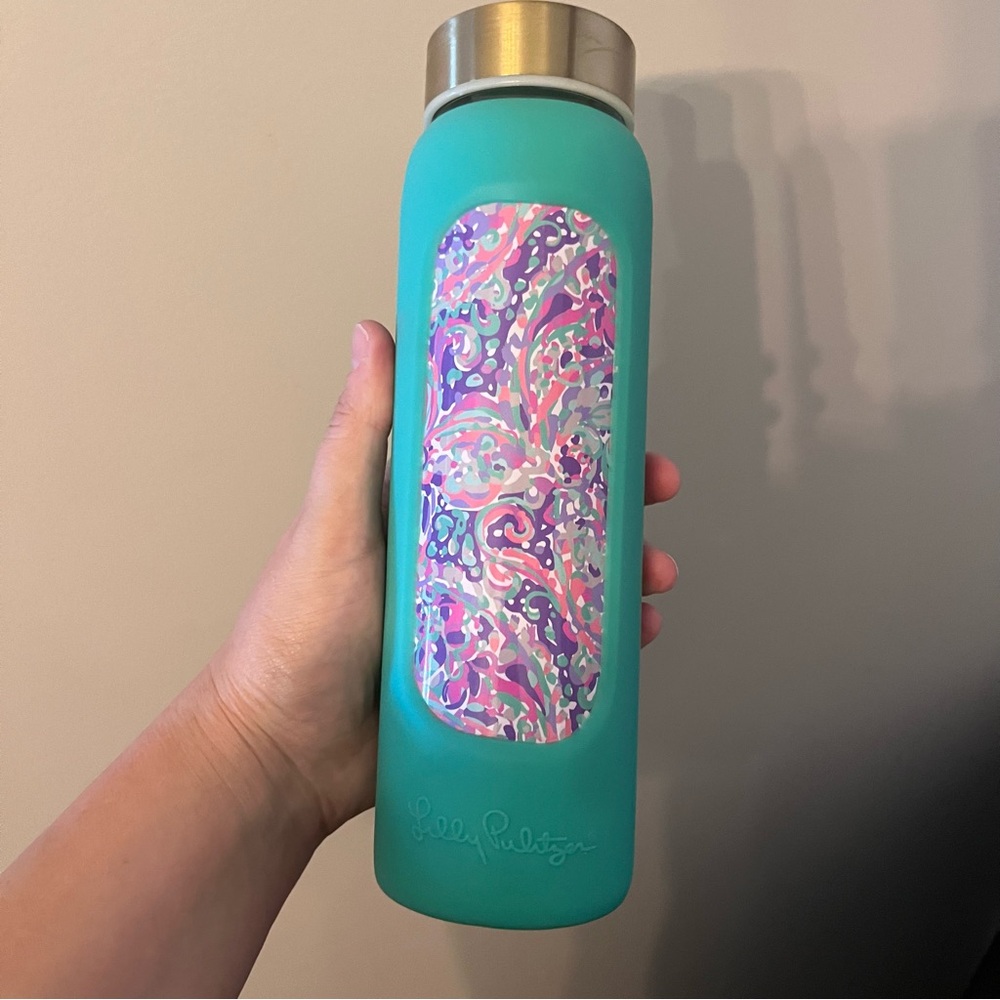 Lilly Pulitzer Glass Teal Silicon Water La Playa Bottle Travel Gym Workout
